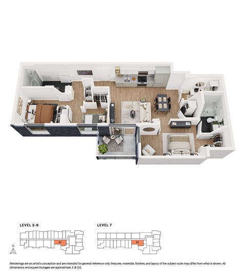 Floor plan for 3 beds, 2 baths, 891 sqft